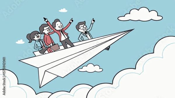 Fototapeta Vector Businesspeople flying on paper airplane, expressing joy and teamwork in creative way