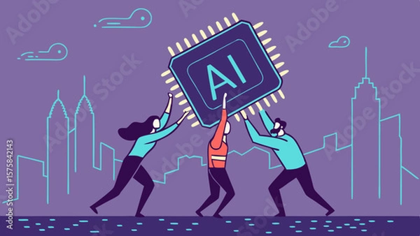 Fototapeta Vector collaboratively lift large AI chip against city skyline backdrop