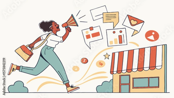 Fototapeta Vector Young businesswoman promoting small business with megaphone, surrounded by marketing charts, messages, reviews, and communication icons, symbolizing outreach.