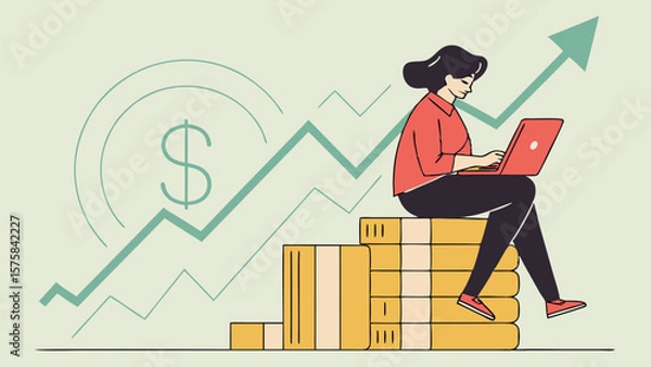 Fototapeta Vector Confident Businesswoman using laptop while sitting on money stack with rising arrow chart, symbolizing financial growth, business success, and economic progress