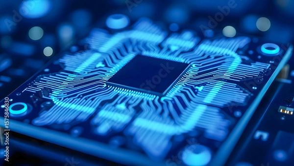 Obraz Quantum Processor Chip with Glowing Circuits and Intricate Patterns in 4K