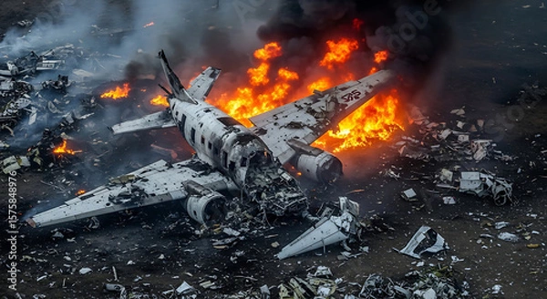 Fototapeta Commercial Airplane Crash with Explosion and Fire