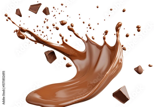 Fototapeta Chocolate sauce is splashing with chunks and small drops of chocolate isolated on transparent background.
