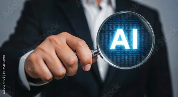 Obraz Businessman Analyzing AI Binary Data Concept. Magnifying Glass Focus on Artificial Intelligence,AI-Based Business Decision Analysis for 2026 ,AI -Powered business transformation in 2026 .