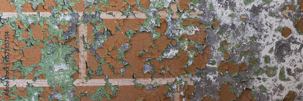 Fototapeta Peeling paint on the wall. Panorama of a concrete wall with old cracked flaking paint. Weathered rough painted surface with patterns of cracks and peeling. Wide panoramic grungy texture for background