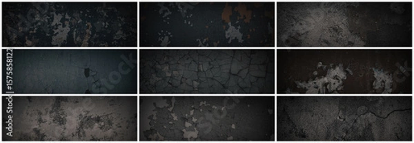 Fototapeta Set of dark panoramic background textures. Collection of wide textures with peeling paint, cracks, rust, scratches, noise and grain. Rough surfaces of old walls. Bundle of backgrounds for design.