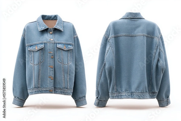 Fototapeta Denim Jacket: Front and back studio shot of a light blue denim jacket. Classic design with button closure and a stylish, comfortable fit.