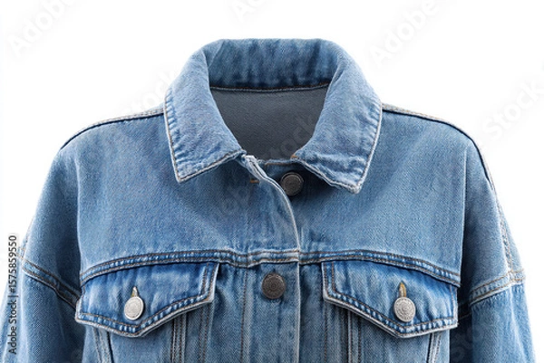 Fototapeta Close-up of a stylish light-wash denim jacket featuring a classic collar, button-down closure, and chest pockets, isolated on a white background.