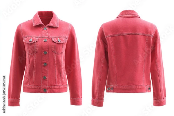 Fototapeta Stylish Red Denim Jacket: Front and back views of a modern, fitted denim jacket in a vibrant red hue, perfect for layering and everyday wear.