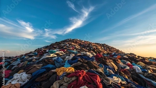 Fototapeta Vast mountain of discarded colorful clothing piled high under a vast blue sky with wispy clouds