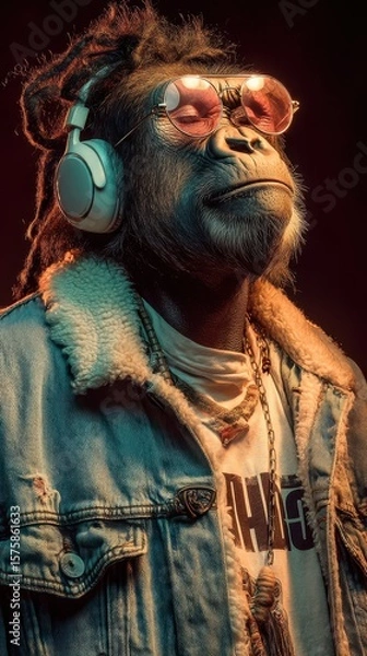 Fototapeta Majestic gorilla wearing sunglasses and headphones enjoys music in a stylish denim jacket with a confident pose