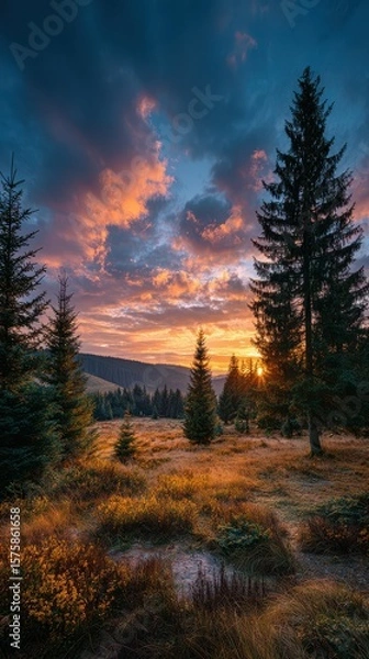 Fototapeta Vibrant sunset over a serene forest landscape with towering trees and blooming wildflowers in the early evening