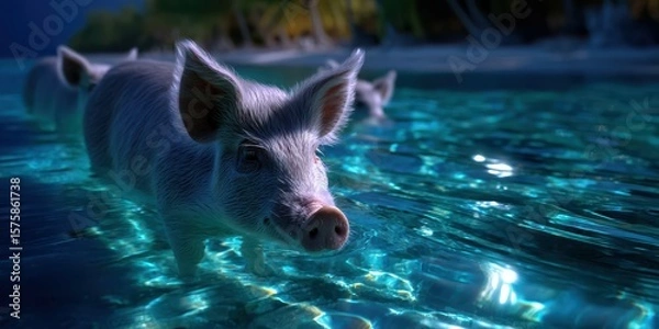 Fototapeta Pigs enjoy a swim in crystal-clear waters under a starlit sky at a tropical beach location