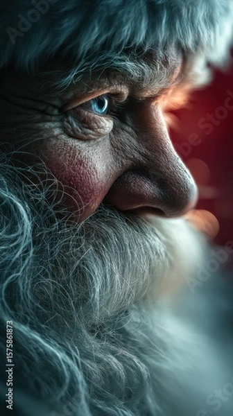 Fototapeta Close-up portrait of Santa Claus with expressive features and warm glow during a festive celebration in winter