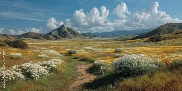Fototapeta Vibrant wildflower meadow in a sunny landscape with rolling hills and dramatic clouds in the background