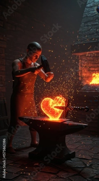 Fototapeta A Blacksmith Forges a Fiery Heart Pierced by a Sword in a Dark Forge