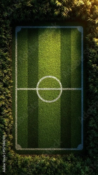Fototapeta Overhead view of a neatly maintained soccer field surrounded by lush greenery during late afternoon light