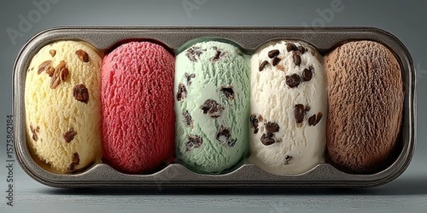 Fototapeta Assorted ice cream flavors in a metal container with chocolate chips served as a delightful treat