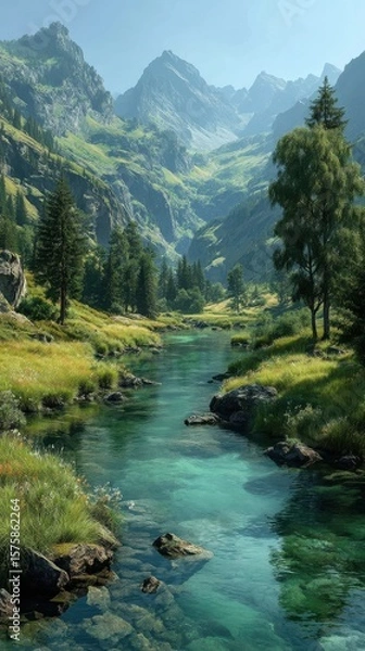 Fototapeta Lush valley with a crystal-clear river flowing through mountains and forests on a bright sunny day