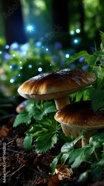 Fototapeta Mushrooms grow under shimmering lights in a lush forest during the early evening
