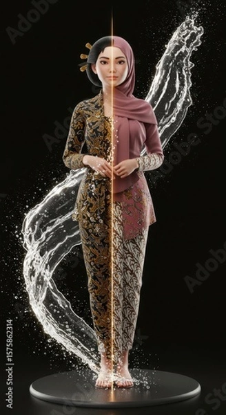 Fototapeta Digital Art: A Fusion of Indonesian and Japanese Culture in a 3D Model with Water Splashes