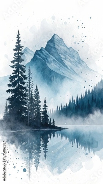Fototapeta Serene watercolor depiction of mist shrouded mountains reflected in a tranquil lake with silhouetted pine trees