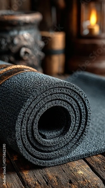 Fototapeta Rolled dark fabric mat on wooden surface with rustic decor and warm lighting in background