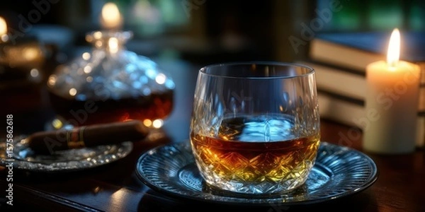 Fototapeta Elegant glass of whisky resting on a silver plate beside a lit candle in a cozy setting during the evening