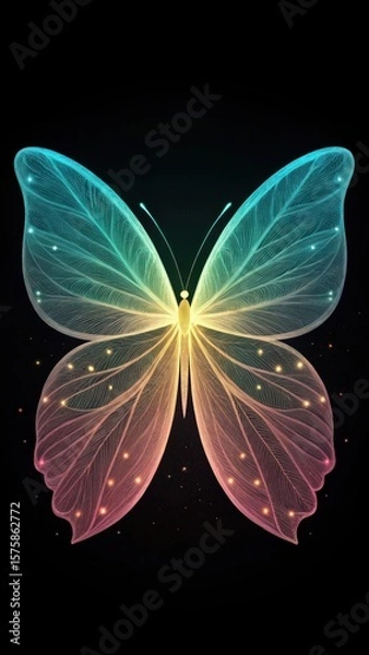 Fototapeta A luminous ethereal butterfly with intricate wing patterns glowing with a gradient of vibrant colors against a dark starry background