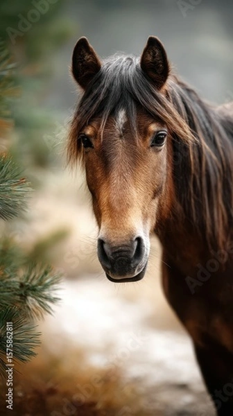 Fototapeta Majestic brown horse stands quietly in a natural setting surrounded by pine trees during the day