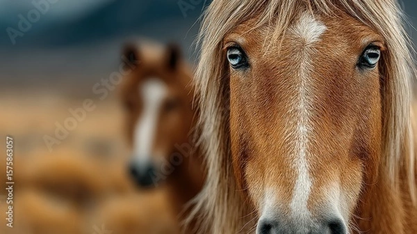 Fototapeta Close-up of a horse's striking features in a serene rural landscape during golden hour