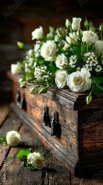 Fototapeta Decorative floral arrangement with white roses on rustic wooden box in a dimly lit setting