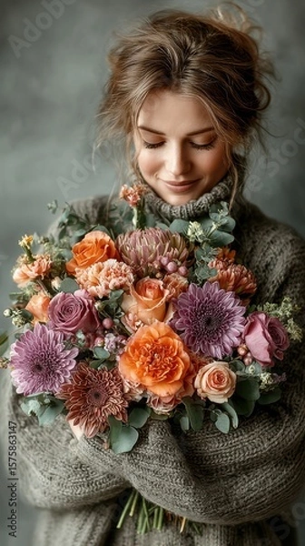 Fototapeta Woman smiling while holding a vibrant bouquet of flowers in cozy attire during a soft indoor setting