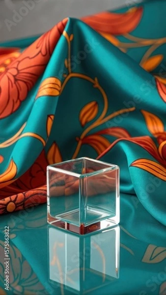Fototapeta A clear glass cube rests on a reflective surface against a backdrop of flowing teal fabric adorned with vibrant orange floral patterns
