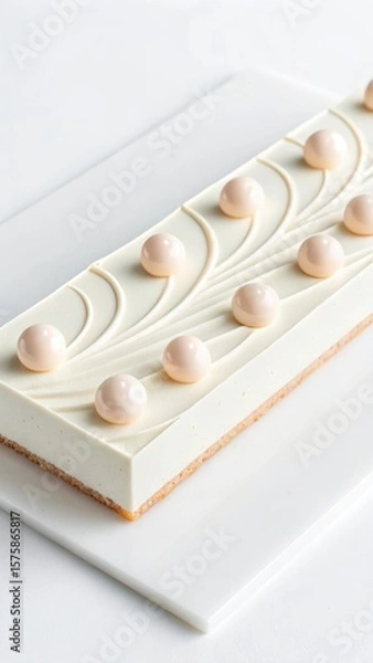 Fototapeta Elegant white mousse cake with delicate pearl like decorations and intricate swirling patterns on a clean white platter