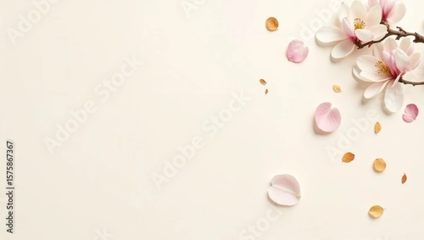 Fototapeta A minimalist flat lay featuring soft pink magnolia buds and one white flower on a branch, accented by scattered autumn leaves in warm tones, all set on a smooth cream background.