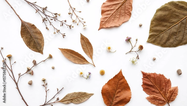 Fototapeta A flat lay composition of colorful autumn leaves in red, orange, yellow, and brown, interspersed with delicate twigs and small dried seed pods on a clean white background.