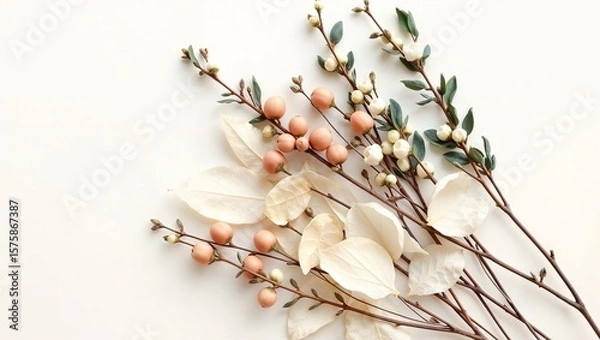 Fototapeta A minimalist flat lay of delicate branches adorned with soft pink berries and pale, dried leaves, all elegantly arranged on a clean white background.