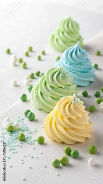 Fototapeta A delightful arrangement of pastel colored meringue swirls adorned with small candies and sprinkles on a light background