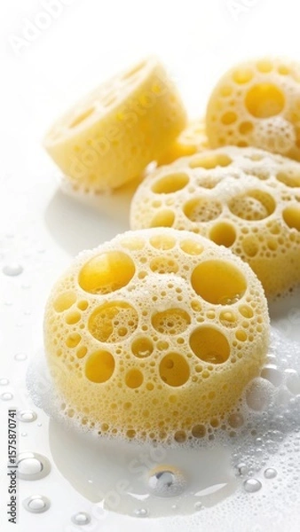 Fototapeta Close up of porous yellow sponges with abundant foam and water droplets on a white surface