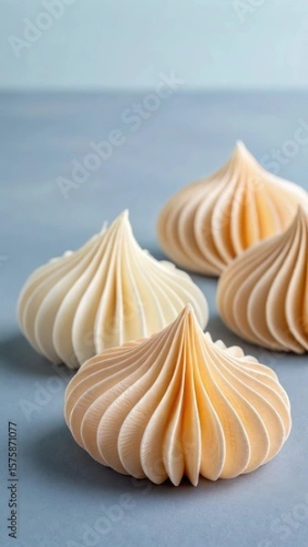 Fototapeta A close up view of four delicate meringue cookies with swirled textures arranged on a soft blue surface