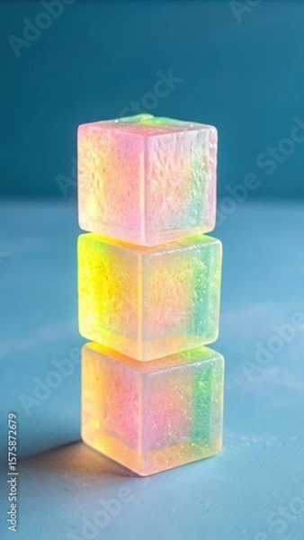 Fototapeta A stack of three translucent colorful cube shaped candies with a gradient of pink yellow and green hues against a soft blue background