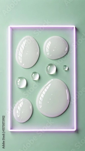 Fototapeta Viscous liquid droplets and spheres arranged within a neon light frame on a pastel green background