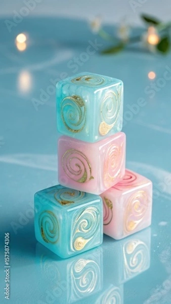 Fototapeta A close up of stacked translucent dice with swirling gold patterns on a blue reflective surface