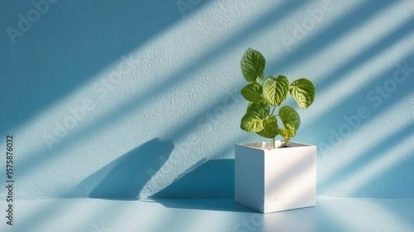 Fototapeta Bright Indoor Plant in a White Pot on a Blue Background with Subtle Shadows Casting Across the Surface for a Fresh and Relaxing Atmosphere