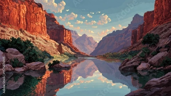 Fototapeta Serene Mountain Valley at Sunset with Reflective River and Vibrant Sky Illuminated by Clouds and Warm Earth Tones Captured in Pixel Art Style