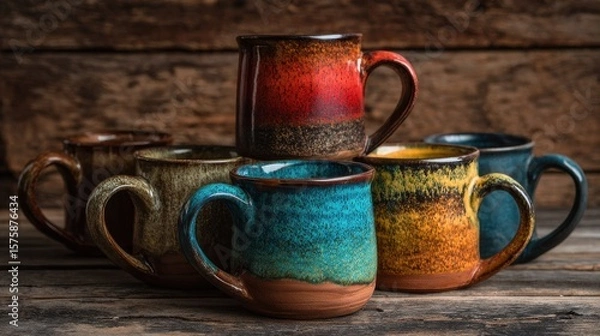 Fototapeta Colorful Rustic Coffee Mugs Stacked on Wooden Table Displaying Unique Glazes and Designs Perfect for Cozy Kitchen Decor and Beverage Enjoyment