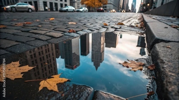 Fototapeta Reflections of city skyscrapers in a puddle on a cobblestone street with autumn leaves