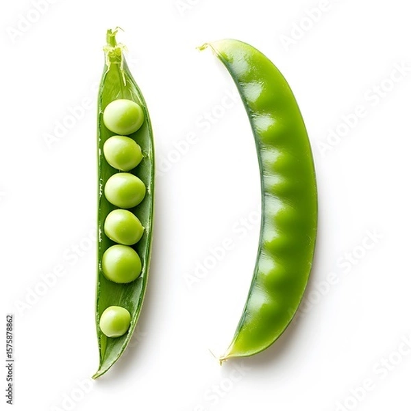 Fototapeta Fresh green peas in open and closed pods on white background