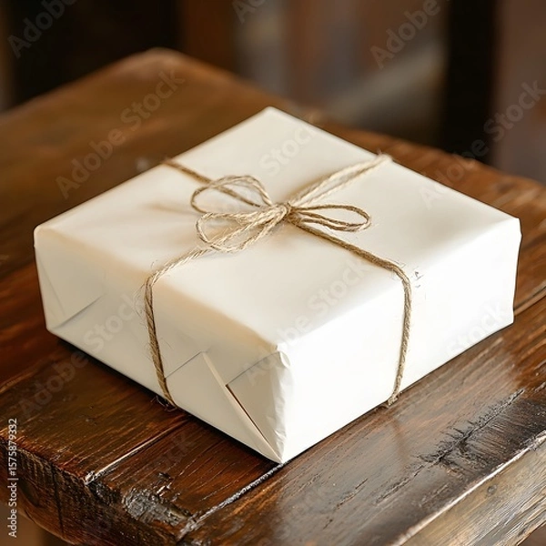 Fototapeta Rustic wrapped gift box on wooden table with twine bow